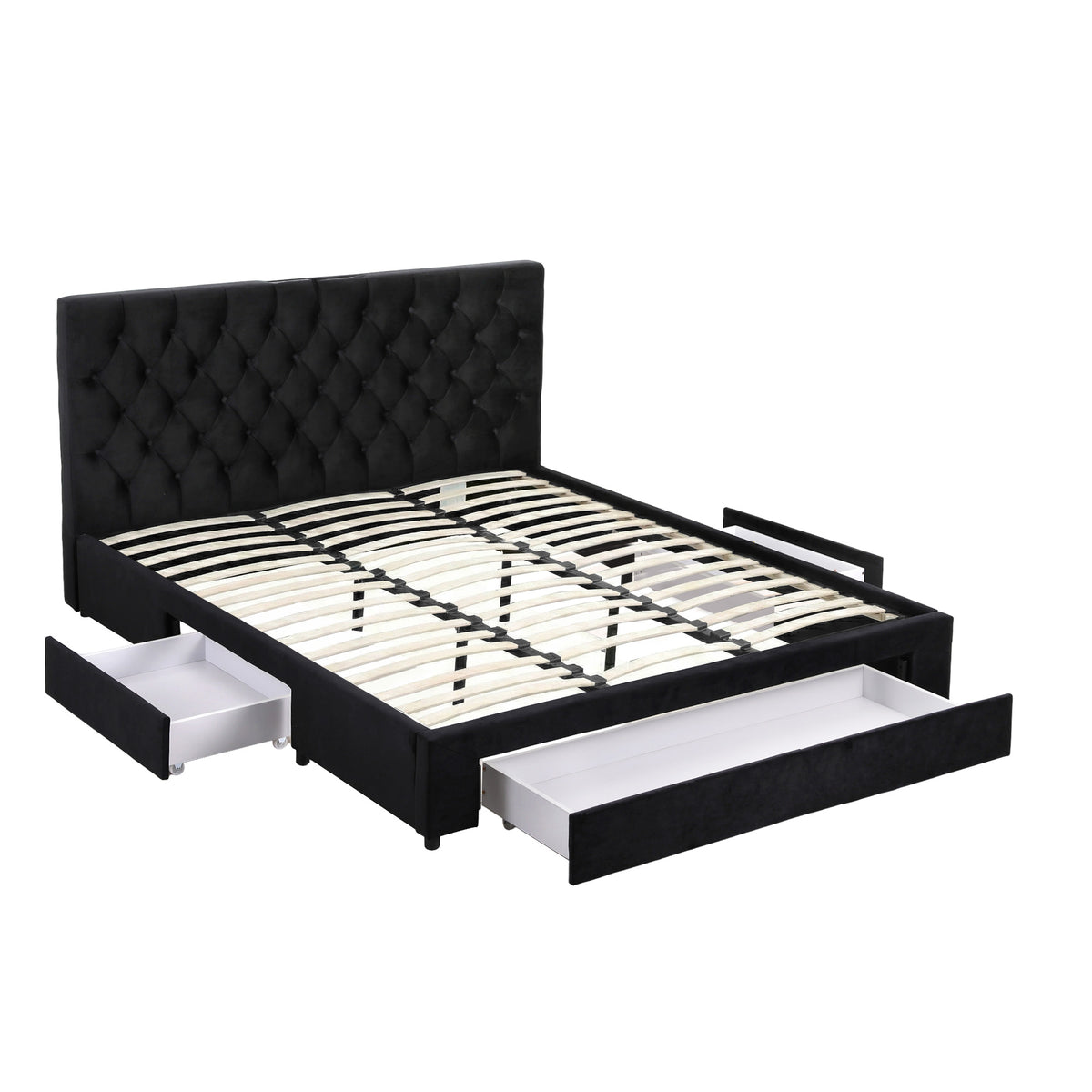 King Bed Frame | Upholstered Storage | 3 Drawers | USB + Type-C Charging