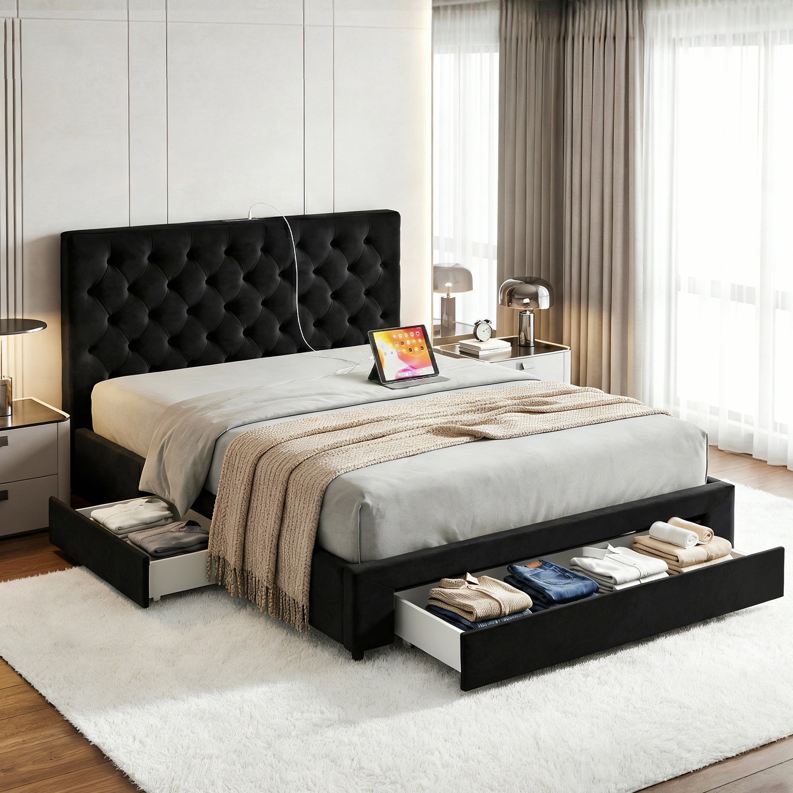 Queen Bed Frame | Upholstered Storage | 3 Drawers | USB + Type-C Charging