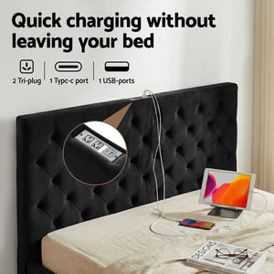 Queen Bed Frame | Upholstered Storage | 3 Drawers | USB + Type-C Charging