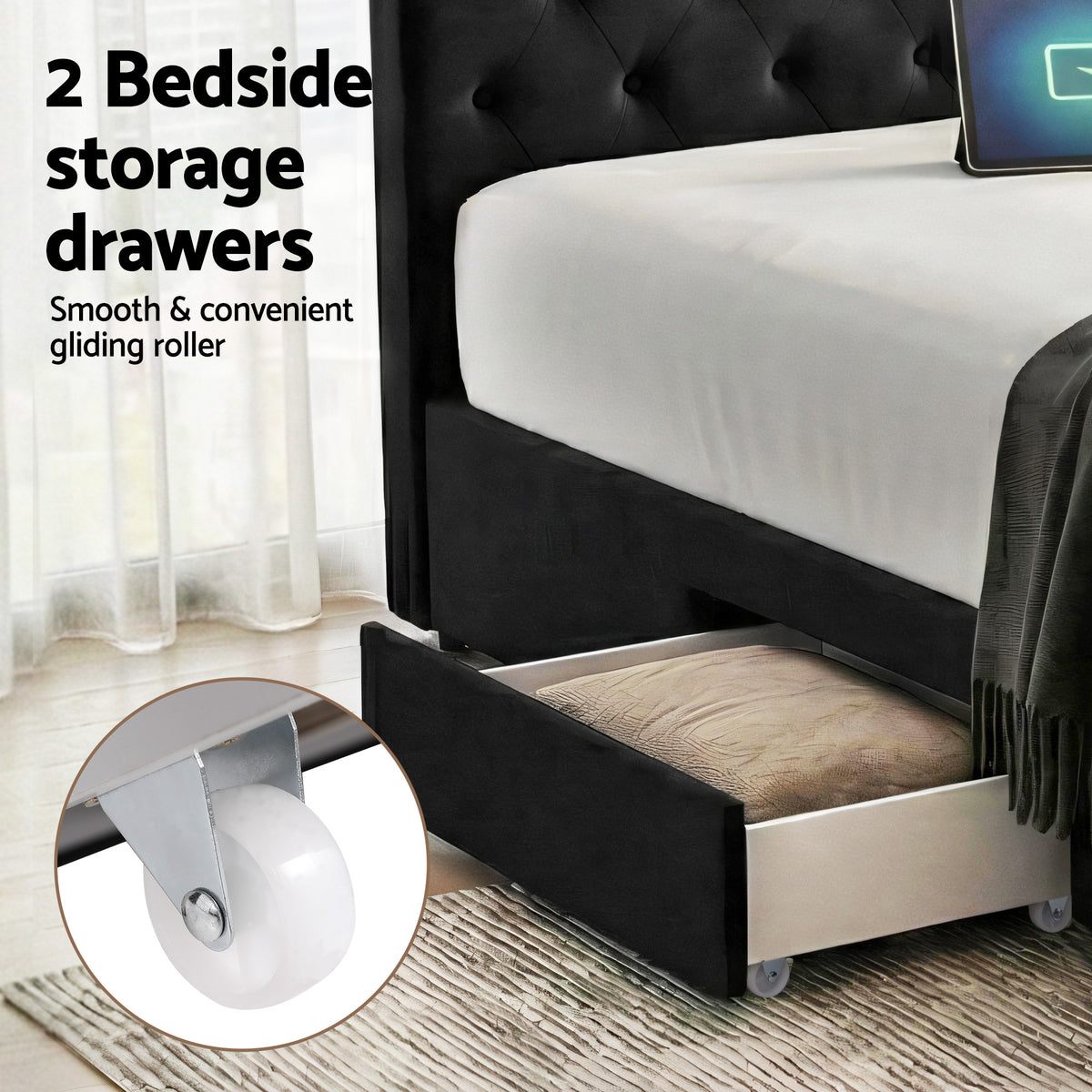 Queen Bed Frame | Upholstered Storage | 3 Drawers | USB + Type-C Charging