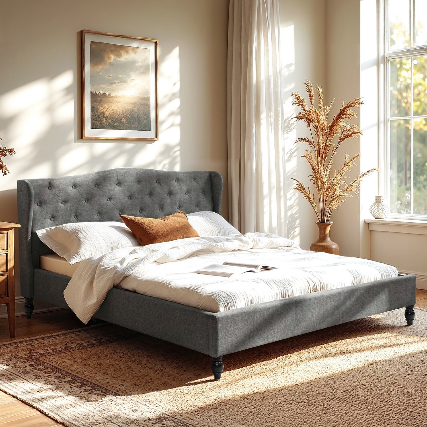 King Bed Frame | Wingback Headboard | Linen Upholstered Platform | Grey