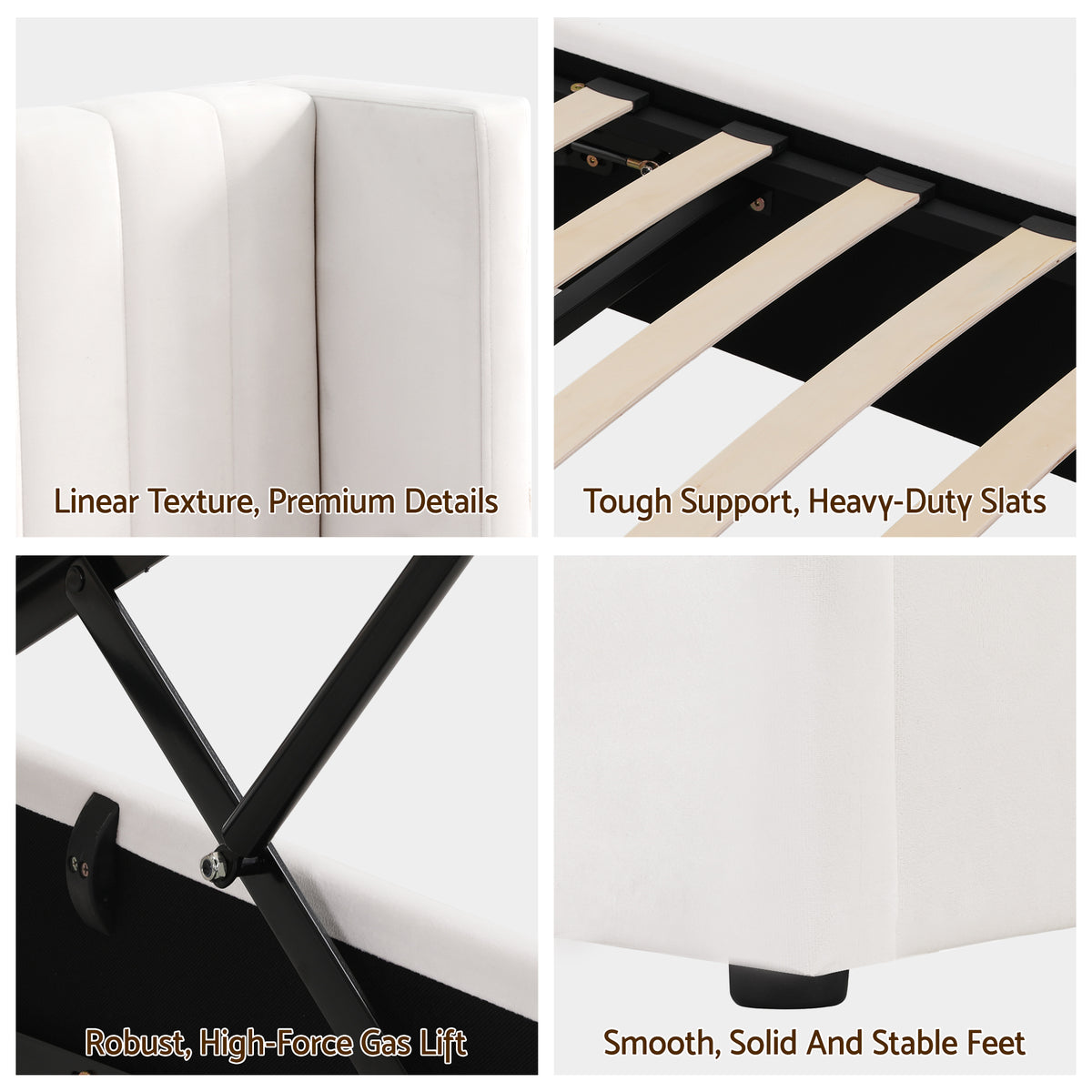 Double Bed Frame | Gas Lift Storage | USB & Type-C Ports | Velvet Upholstery | White
