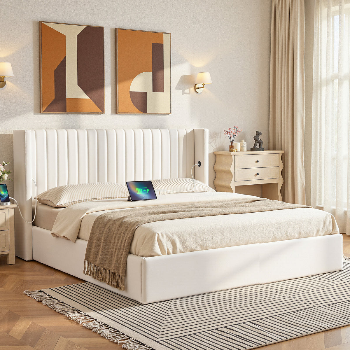 King Bed Frame | Gas Lift Storage | USB & Type-C Ports | Velvet Upholstery | White