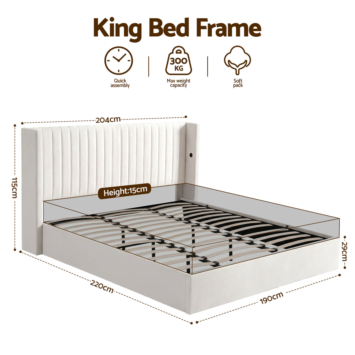 King Bed Frame | Gas Lift Storage | USB & Type-C Ports | Velvet Upholstery | White