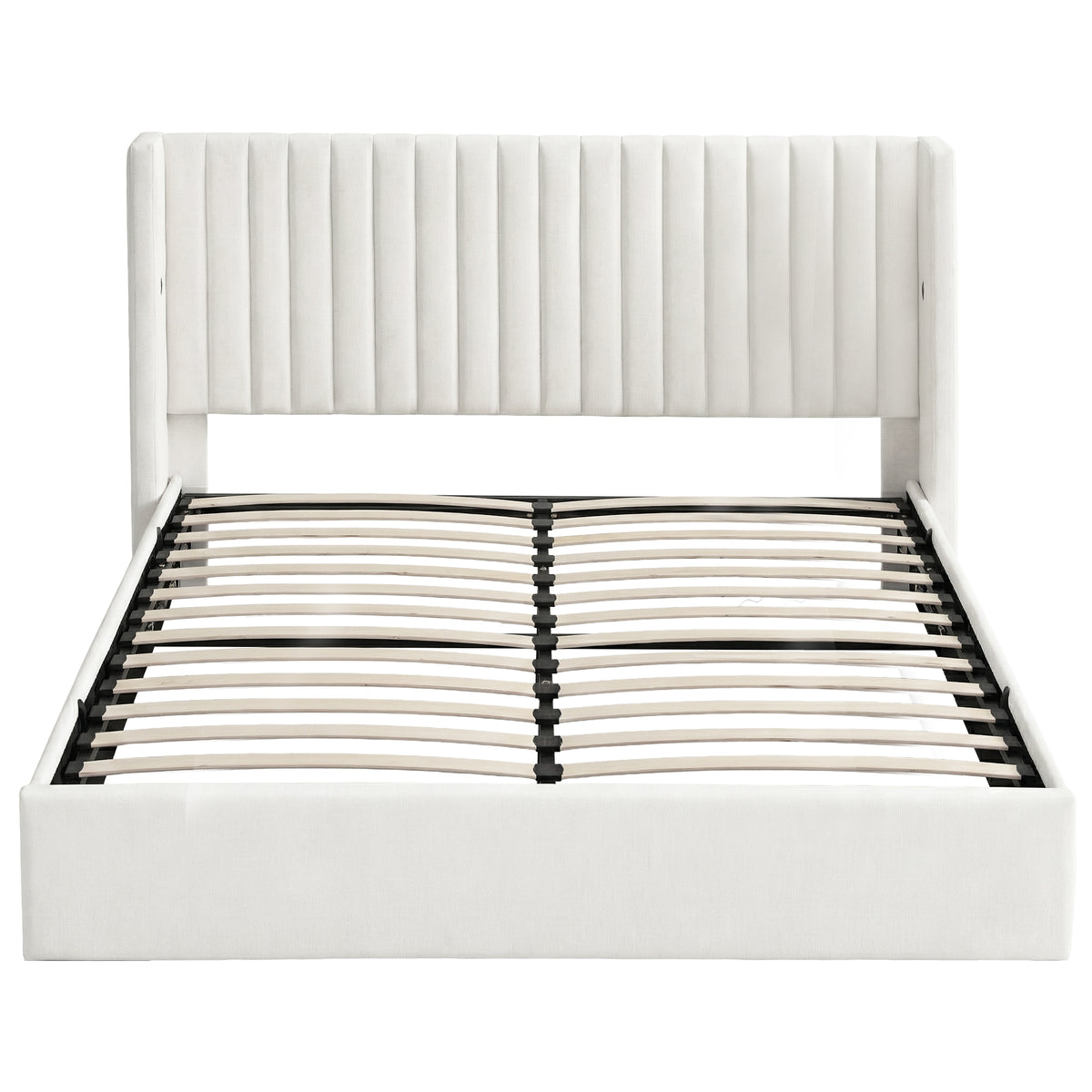 King Bed Frame | Gas Lift Storage | USB & Type-C Ports | Velvet Upholstery | White