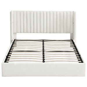 King Bed Frame | Gas Lift Storage | USB & Type-C Ports | Velvet Upholstery | White