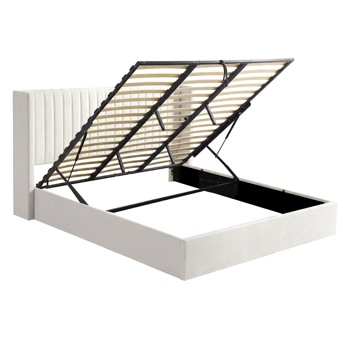 King Bed Frame | Gas Lift Storage | USB & Type-C Ports | Velvet Upholstery | White