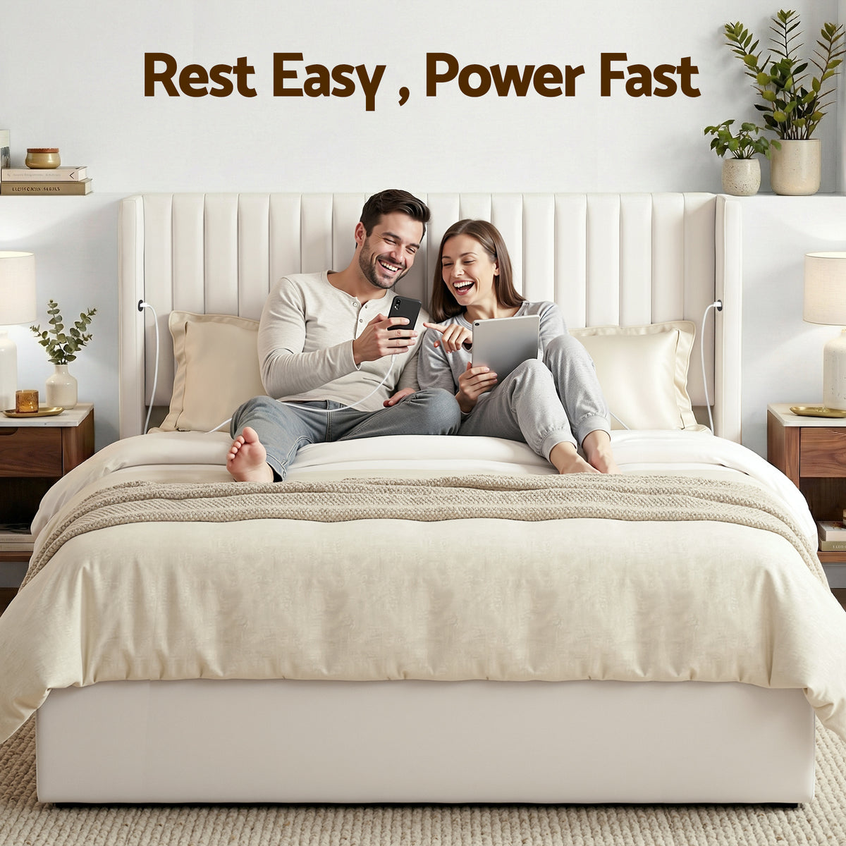 King Bed Frame | Gas Lift Storage | USB & Type-C Ports | Velvet Upholstery | White
