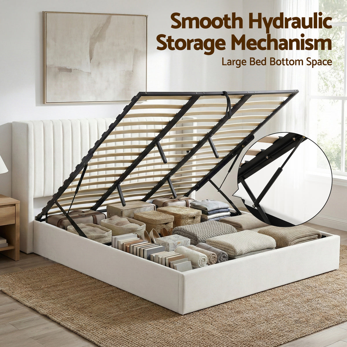 King Bed Frame | Gas Lift Storage | USB & Type-C Ports | Velvet Upholstery | White