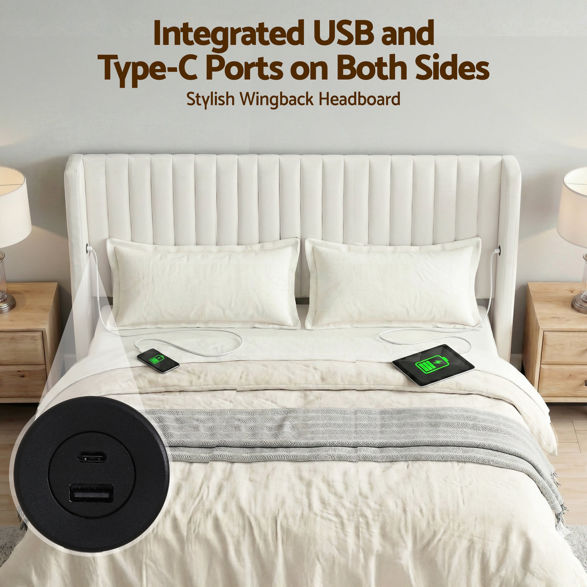 King Bed Frame | Gas Lift Storage | USB & Type-C Ports | Velvet Upholstery | White
