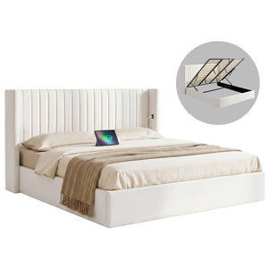 King Bed Frame | Gas Lift Storage | USB & Type-C Ports | Velvet Upholstery | White