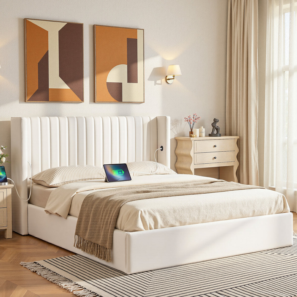 Queen Bed Frame | Gas Lift Storage | USB & Type-C Ports | Velvet Upholstery | White
