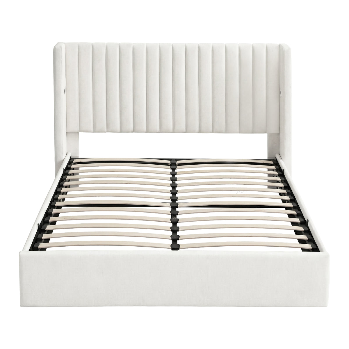 Queen Bed Frame | Gas Lift Storage | USB & Type-C Ports | Velvet Upholstery | White