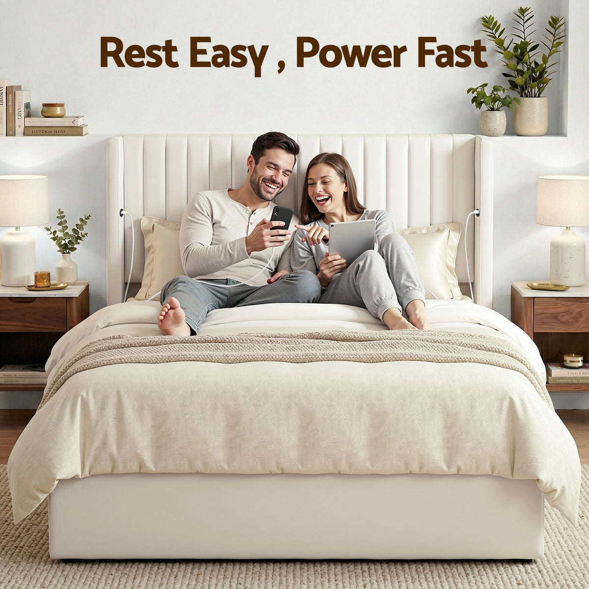Queen Bed Frame | Gas Lift Storage | USB & Type-C Ports | Velvet Upholstery | White