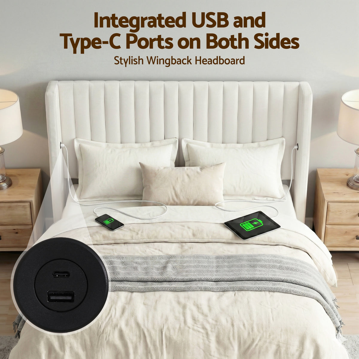 Queen Bed Frame | Gas Lift Storage | USB & Type-C Ports | Velvet Upholstery | White
