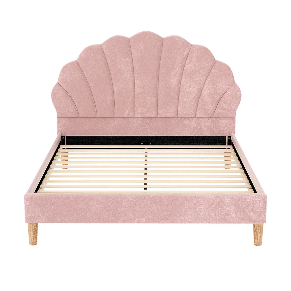 Artiss Bed Frame | Double Size | Scallop Headboard | Pink Velvet