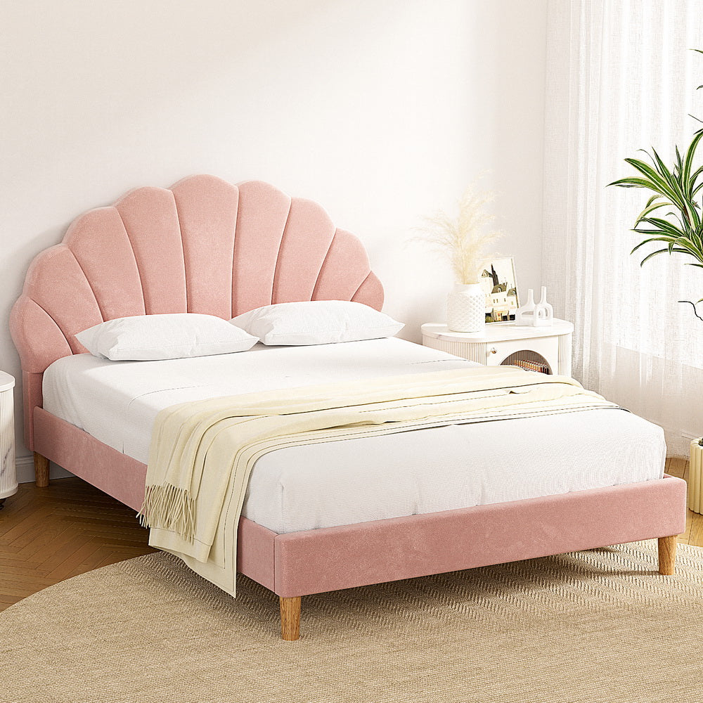 Artiss Bed Frame | Double Size | Scallop Headboard | Pink Velvet