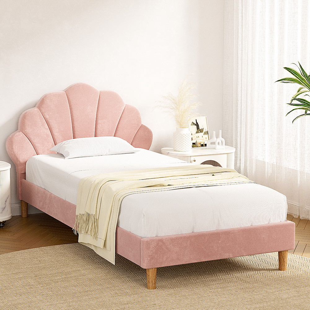 Artiss Bed Frame | King Single | Scallop Headboard | Pink Velvet