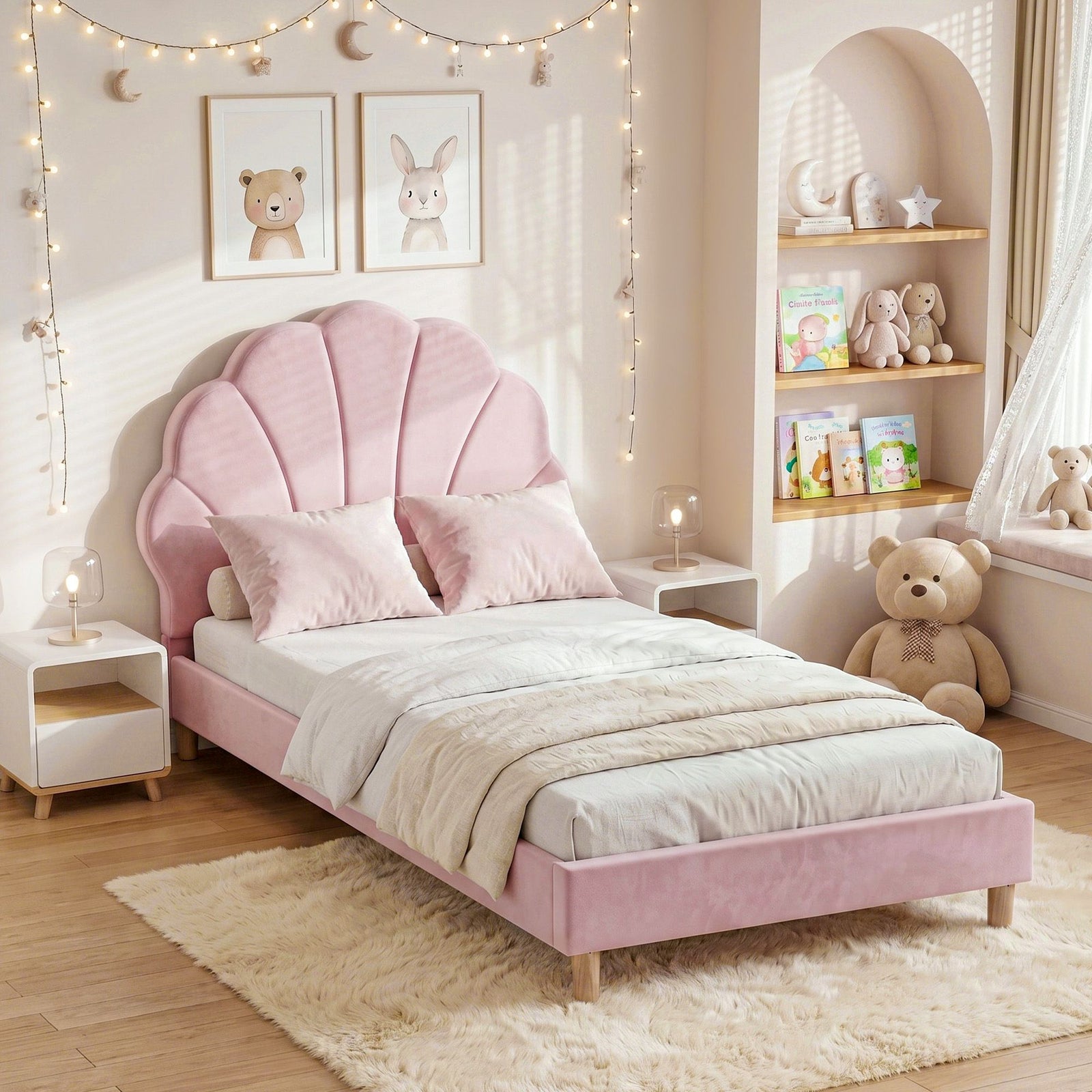 Single Bed Frame | Pink Velvet Scallop Headboard Platform Base