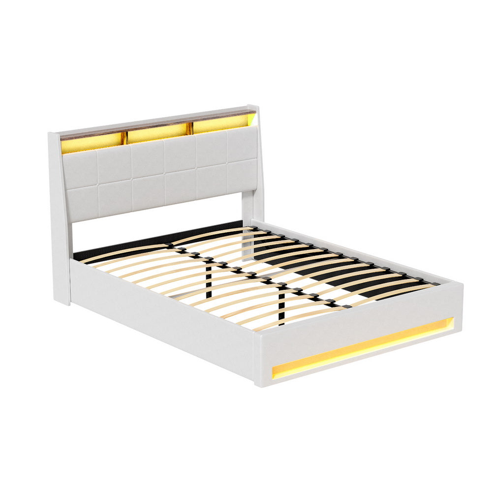 Artiss Bed Frame | Gas Lift | LED Base with Storage | White PVC | Double
