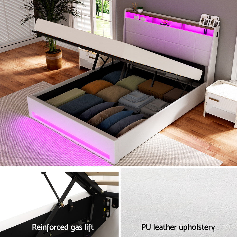 Artiss Bed Frame | Gas Lift | LED Base with Storage | White PVC | Double