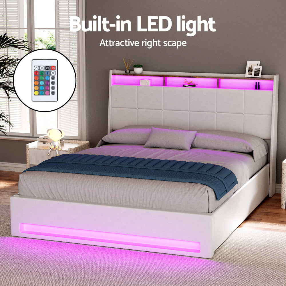 Artiss Bed Frame | Gas Lift | LED Base with Storage | White PVC | Double