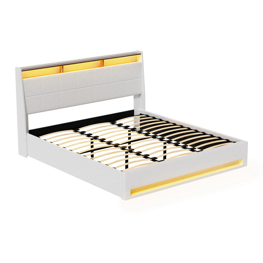 Artiss Bed Frame | Gas Lift | LED Base with Storage | White PVC | King