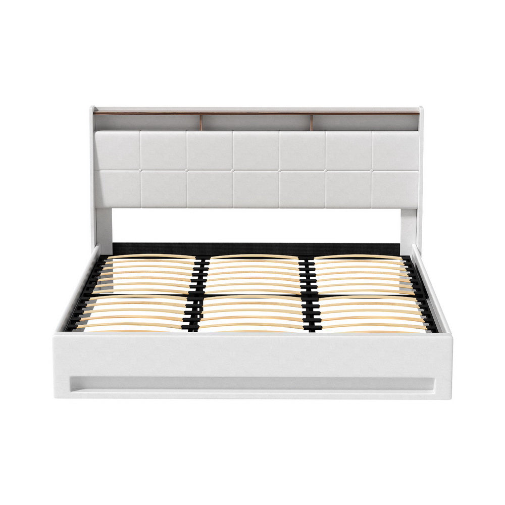 Artiss Bed Frame | Gas Lift | LED Base with Storage | White PVC | King