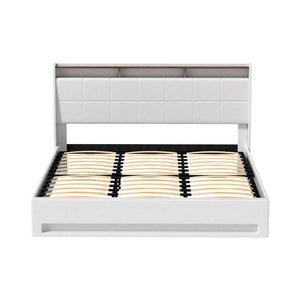 Artiss Bed Frame | Gas Lift | LED Base with Storage | White PVC | King