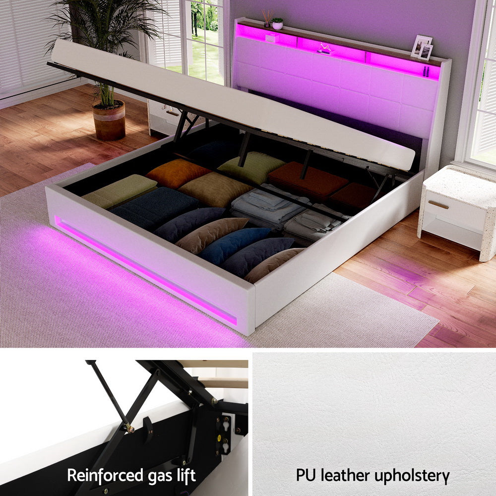 Artiss Bed Frame | Gas Lift | LED Base with Storage | White PVC | King
