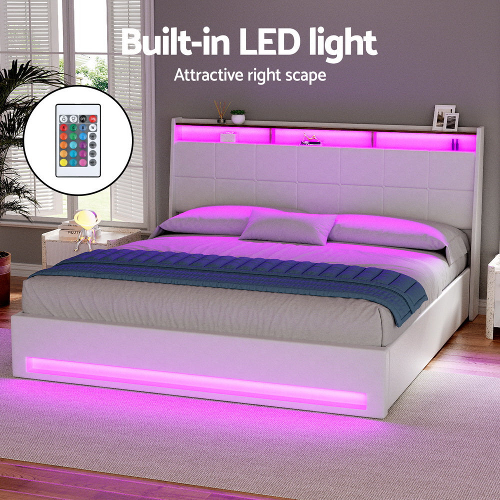 Artiss Bed Frame | Gas Lift | LED Base with Storage | White PVC | King