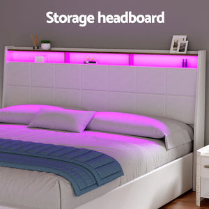 Artiss Bed Frame | Gas Lift | LED Base with Storage | White PVC | King