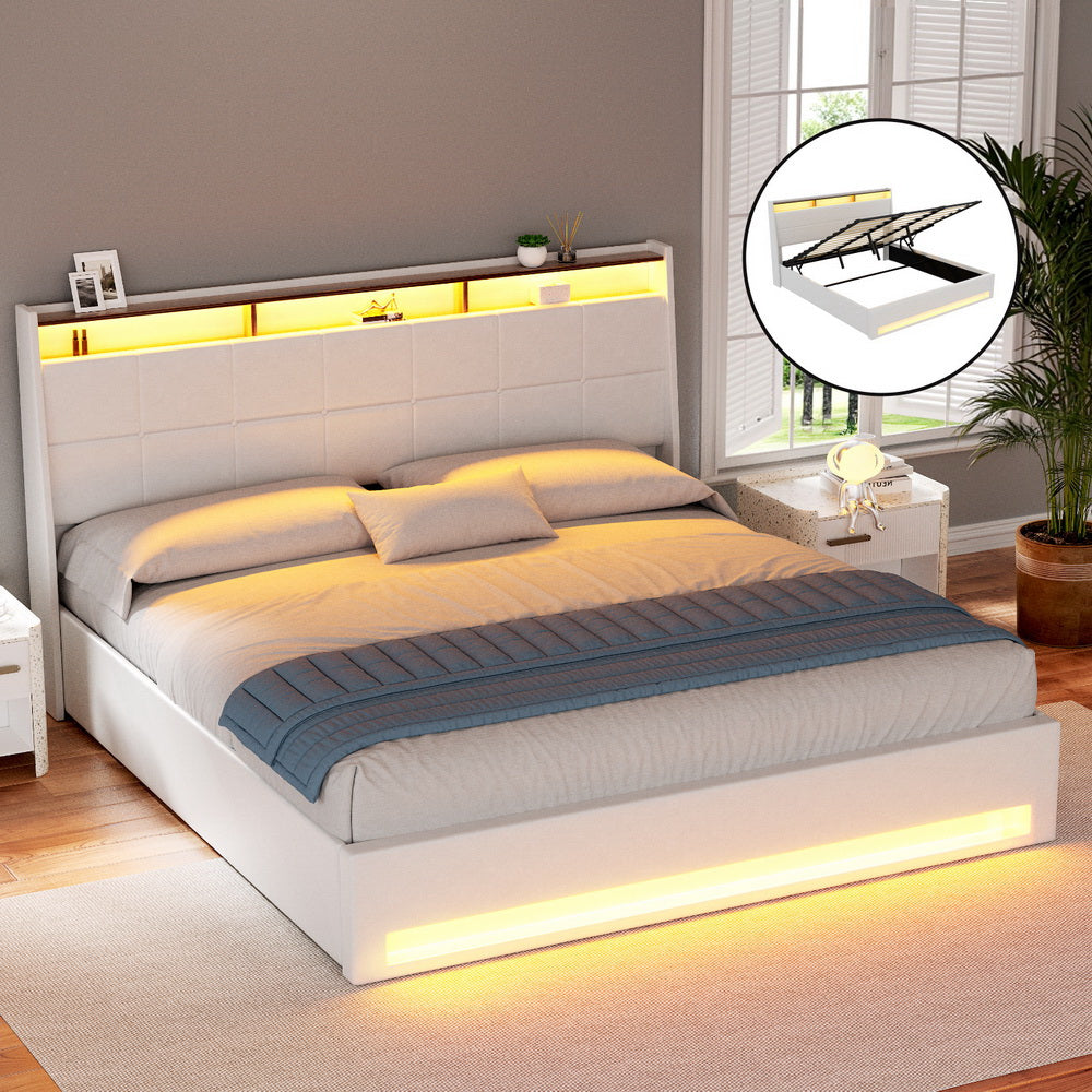 Artiss Bed Frame | Gas Lift | LED Base with Storage | White PVC | King