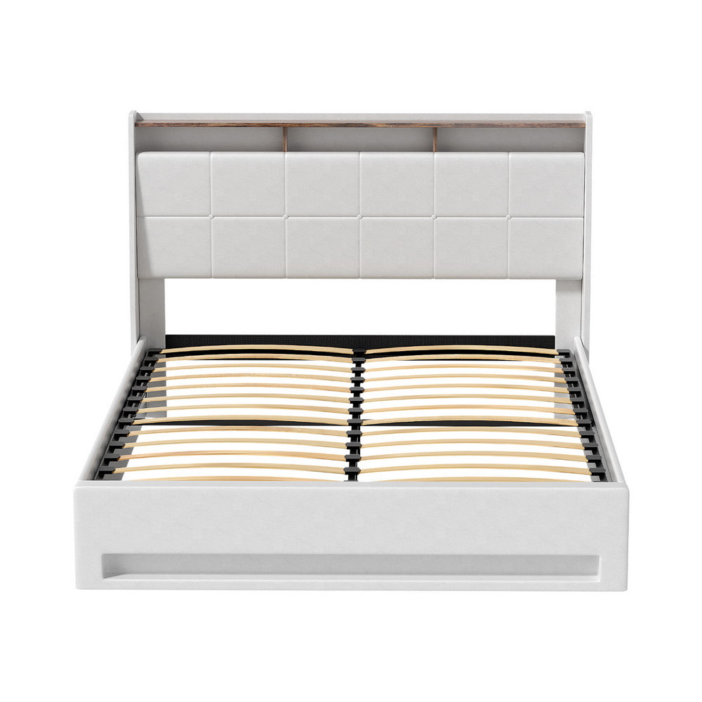 Artiss Bed Frame | Gas Lift | LED Base with Storage | White PVC | Queen