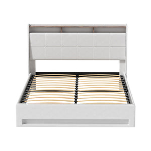 Artiss Bed Frame | Gas Lift | LED Base with Storage | White PVC | Queen