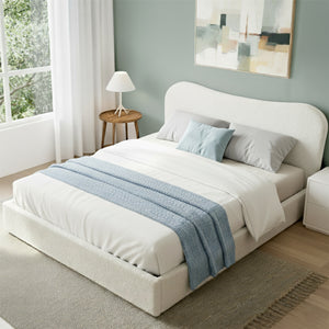 Double Bed Frame | Gas Lift Storage | Wooden Platform | Boucle Upholstered | White