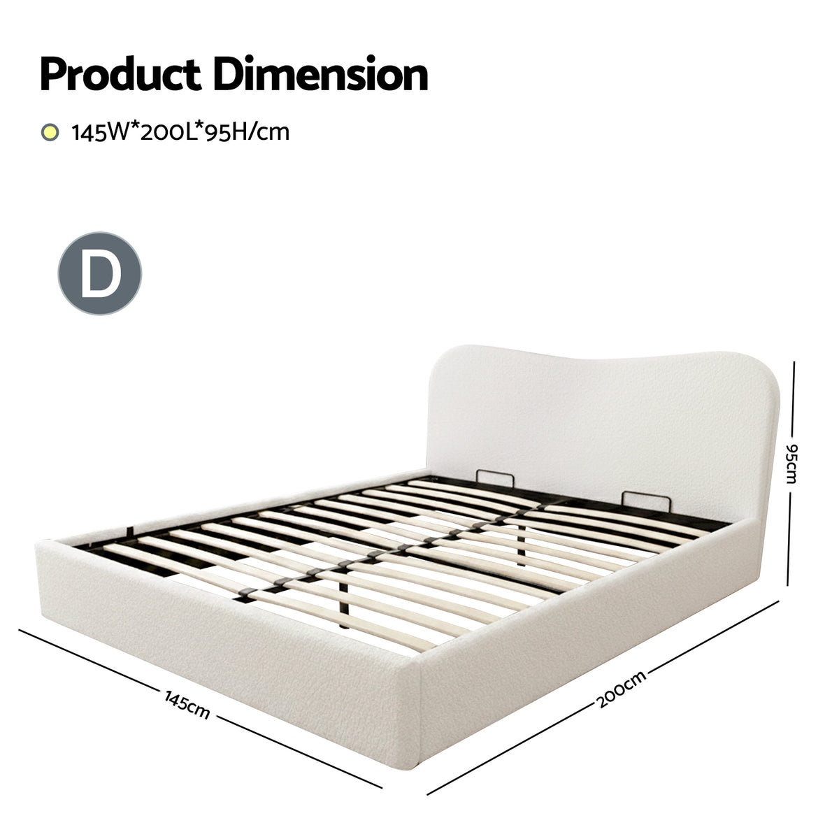 Double Bed Frame | Gas Lift Storage | Wooden Platform | Boucle Upholstered | White