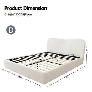 Double Bed Frame | Gas Lift Storage | Wooden Platform | Boucle Upholstered | White