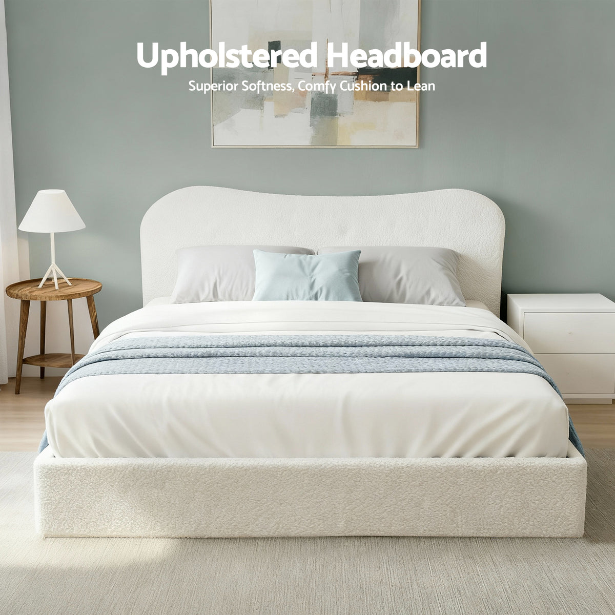 Double Bed Frame | Gas Lift Storage | Wooden Platform | Boucle Upholstered | White