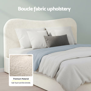 Double Bed Frame | Gas Lift Storage | Wooden Platform | Boucle Upholstered | White