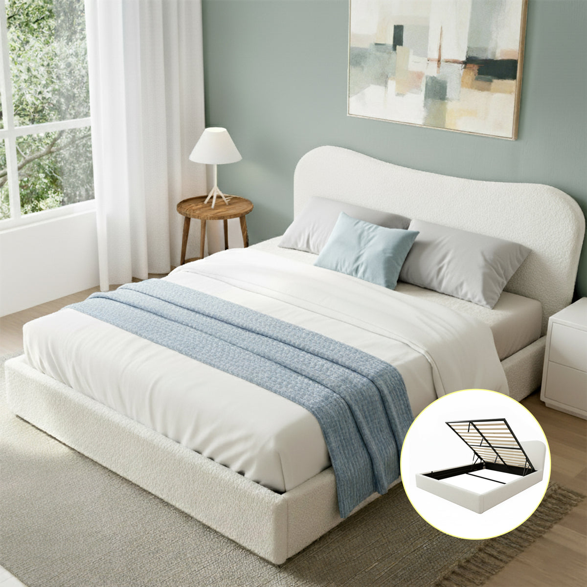 Double Bed Frame | Gas Lift Storage | Wooden Platform | Boucle Upholstered | White