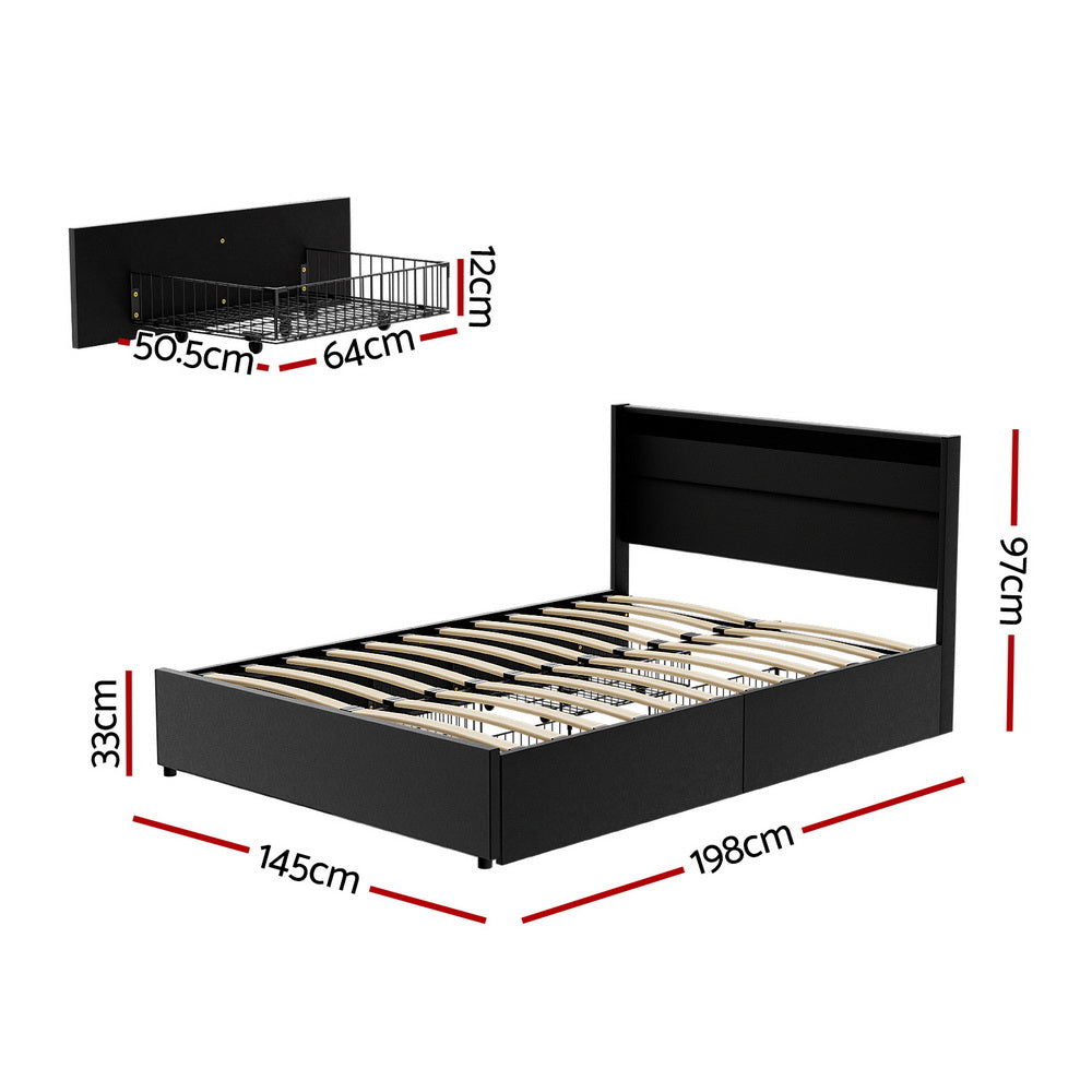 Bed Frame | Double Size | LED Lighting | 4 Drawers | Black | DUNN