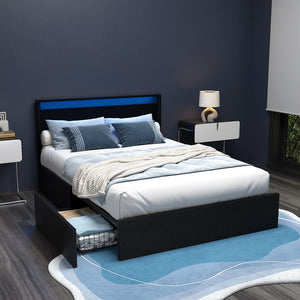 Bed Frame | Double Size | LED Lighting | 4 Drawers | Black | DUNN