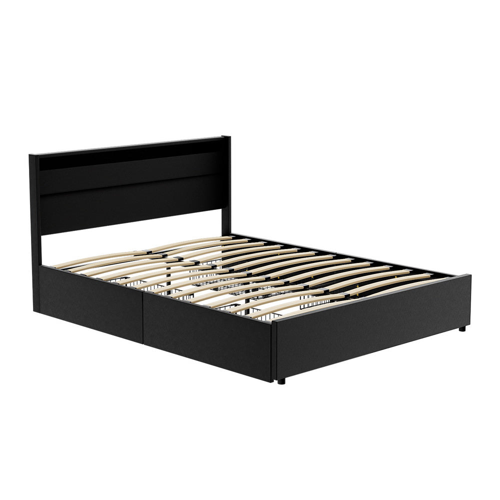 Bed Frame | Queen Size | LED Lighting | 4 Drawers | Black | DUNN