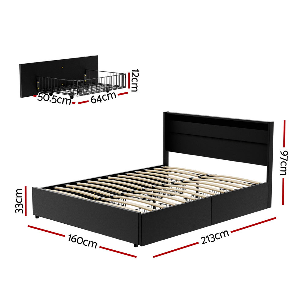 Bed Frame | Queen Size | LED Lighting | 4 Drawers | Black | DUNN