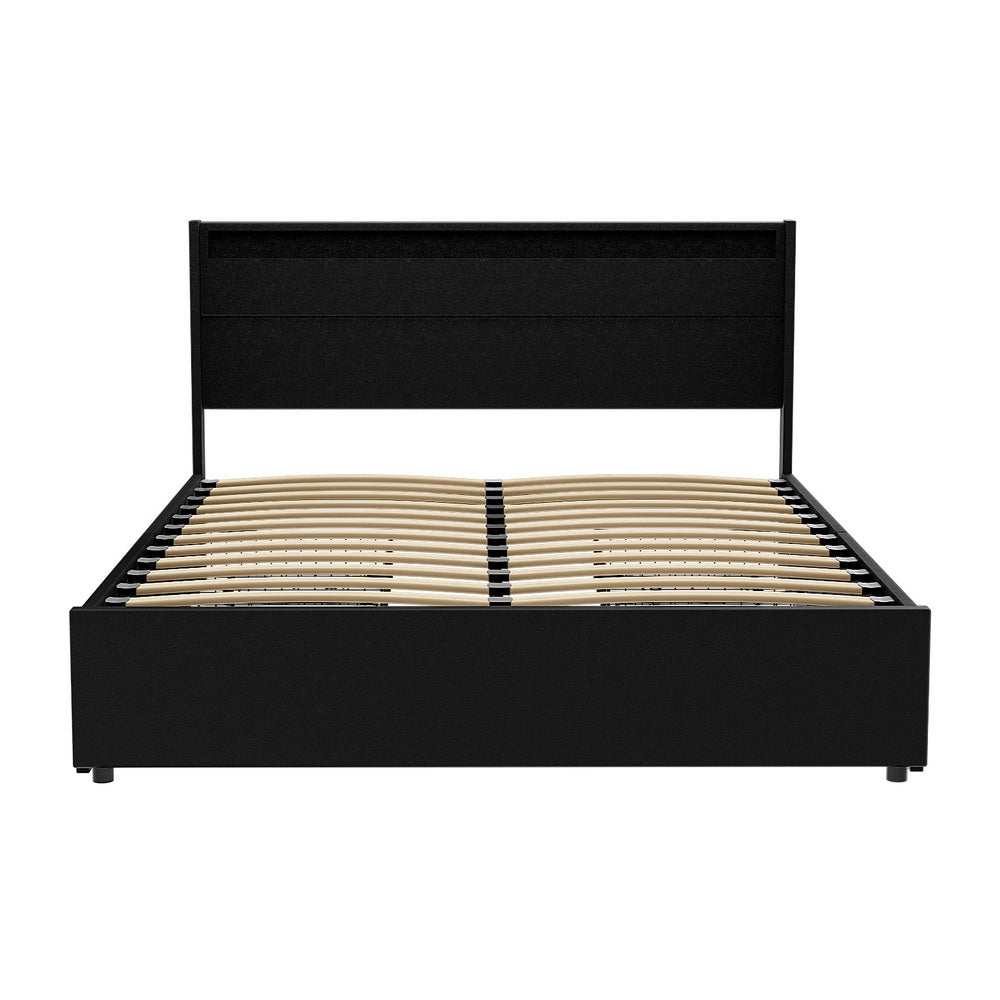 Bed Frame | Queen Size | LED Lighting | 4 Drawers | Black | DUNN
