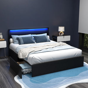 Bed Frame | Queen Size | LED Lighting | 4 Drawers | Black | DUNN