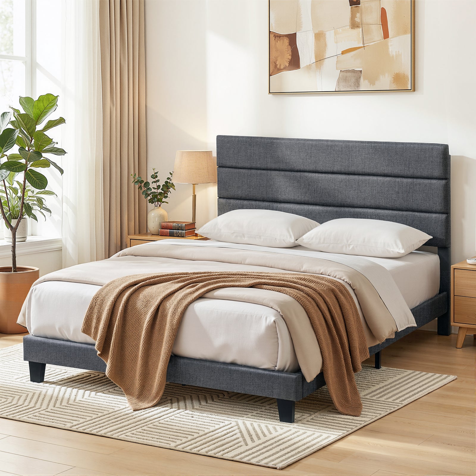 Double Bed Frame | Upholstered Platform | Geometric Headboard | Charcoal Grey Linen