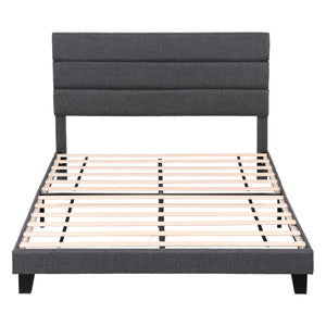 Double Bed Frame | Upholstered Platform | Geometric Headboard | Charcoal Grey Linen