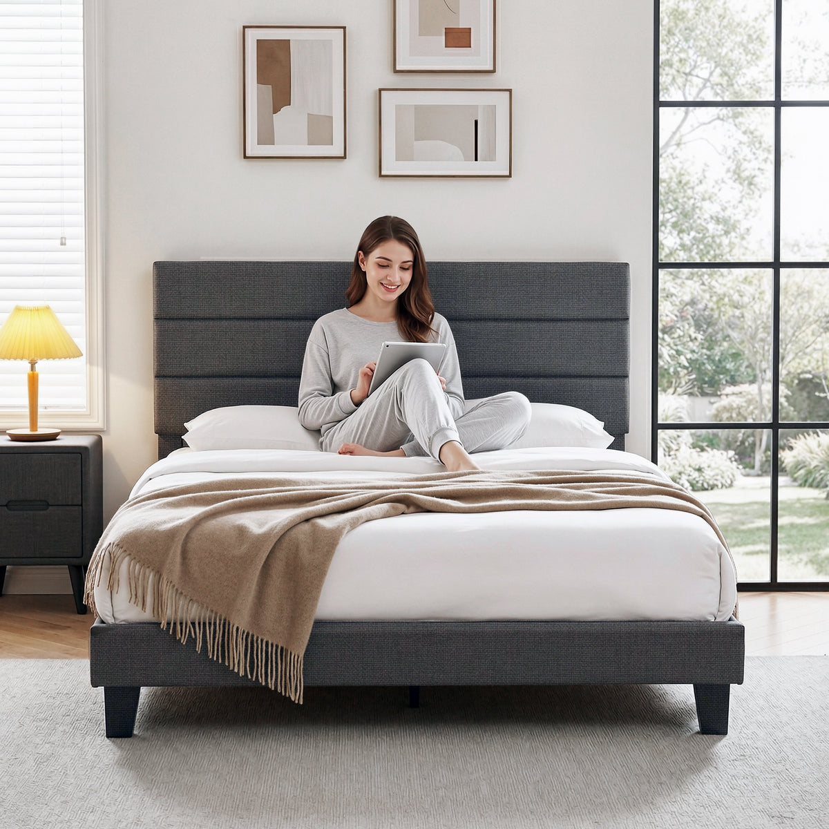 Double Bed Frame | Upholstered Platform | Geometric Headboard | Charcoal Grey Linen